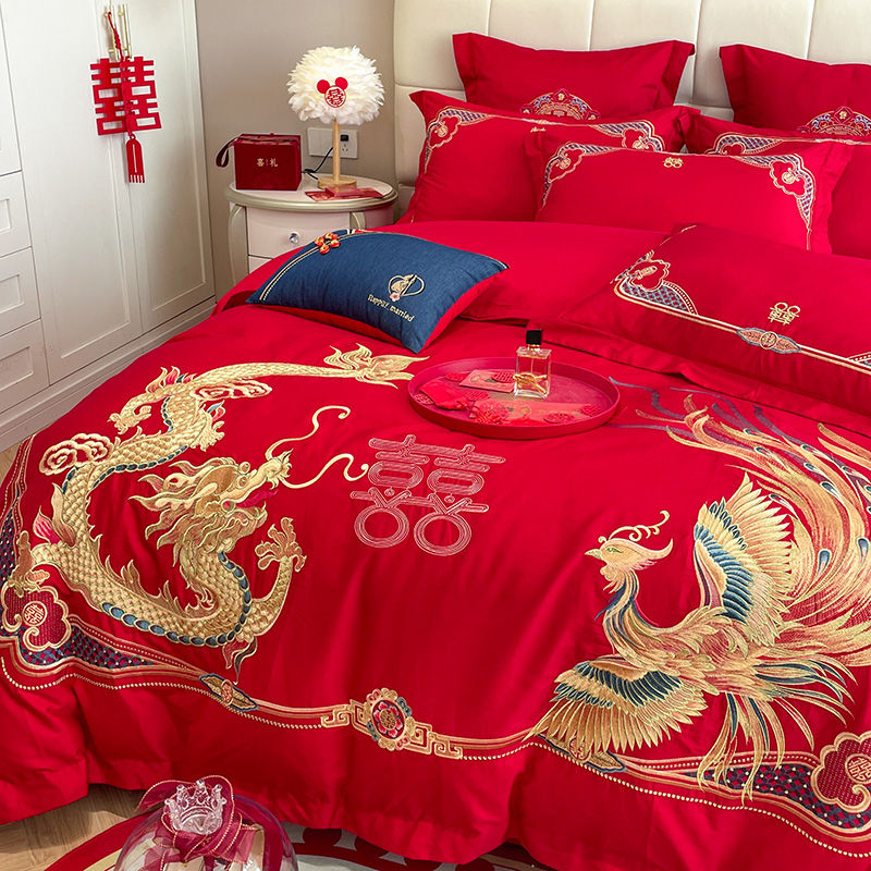 结婚床单四件套婚床新婚龙凤刺绣被套大红色陪嫁喜被婚庆床上用品