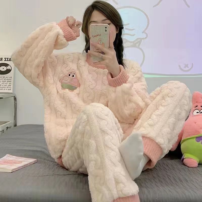 珊瑚絨睡衣女冬季加厚加絨2023年新款法蘭絨秋冬款保暖家居服套裝