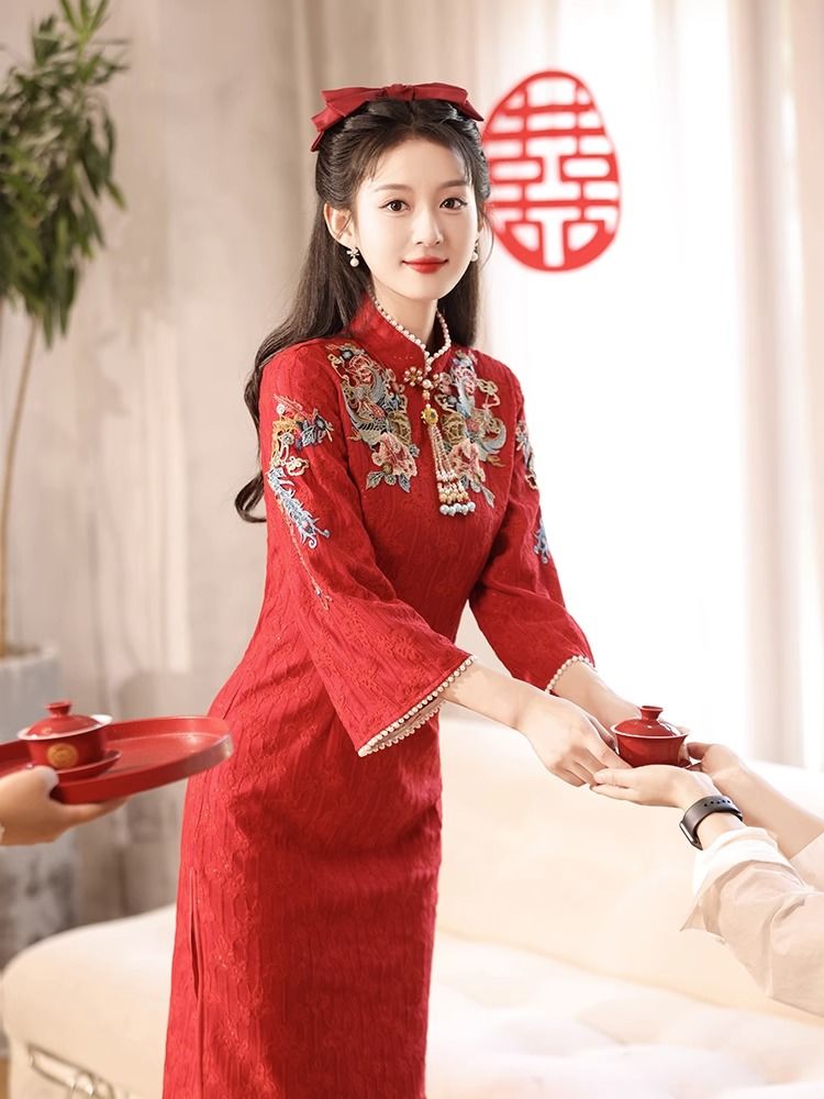 紅色長袖旗袍改良版訂婚禮服新娘結婚敬酒服2023新款刺繡新中式女