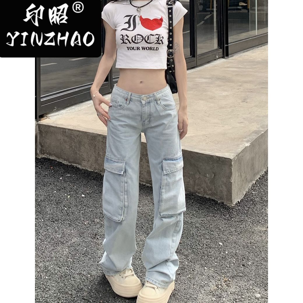 【印昭YINZHAO】時尚顯瘦工裝褲女百搭直筒牛仔褲復古美式工裝褲
