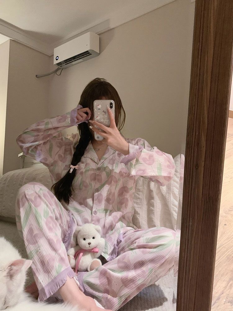 荷葉邊碎花睡衣女春秋季2023年新款公主風可愛少女家居服套裝外出