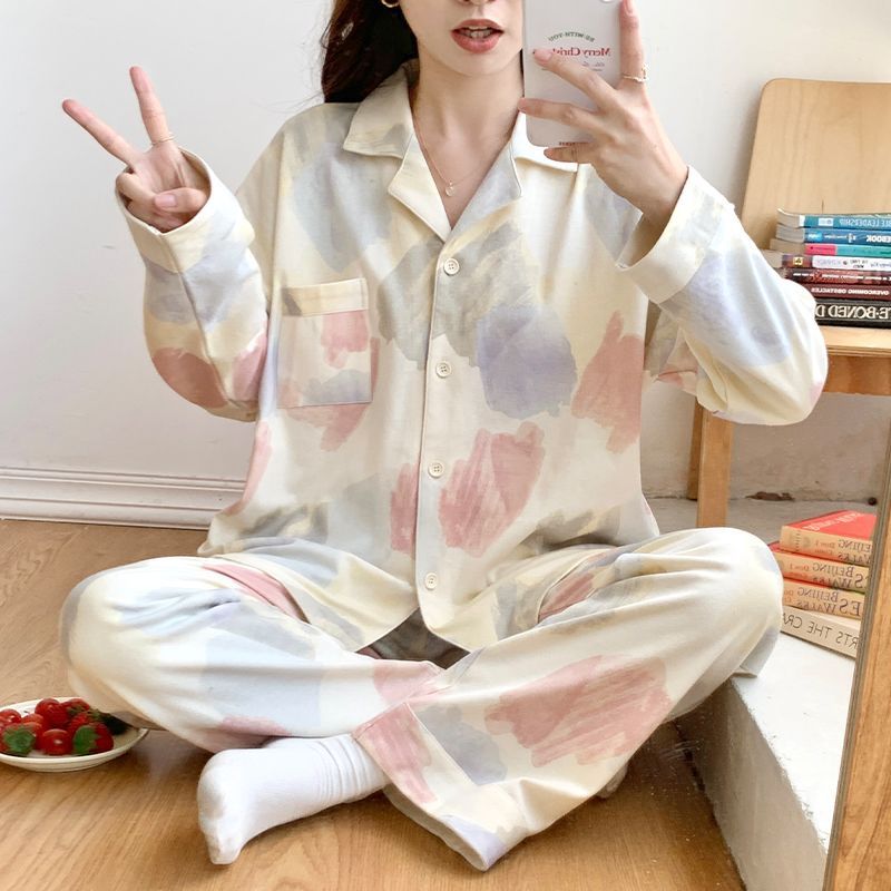 日系簡約睡衣女春秋季小個子可外穿寬鬆油畫開衫長袖家居服套裝