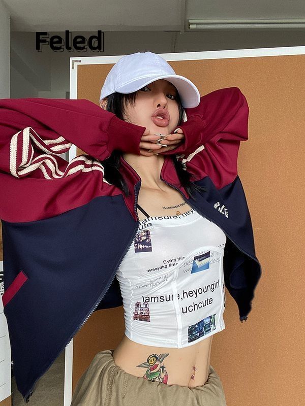 Feila Denton American Street Stripe Contrast Color Splicing Jacket Men's and Women's 2023 College Style Stand Collar Sports Jacket