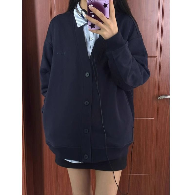藏青色寬鬆衛衣女春秋款新款基礎款初秋女裝新款衛衣外套上衣疊穿