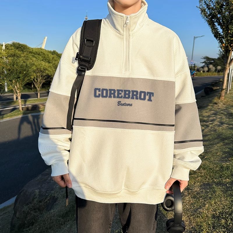 Heavyweight waffle sweatshirt for men in autumn loose color-blocked half-zip polo shirt American trendy versatile student jacket