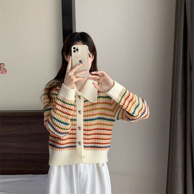 Autumn and winter knitted tops for women in spring and autumn  new sweaters for women design rainbow striped short coat cardigans