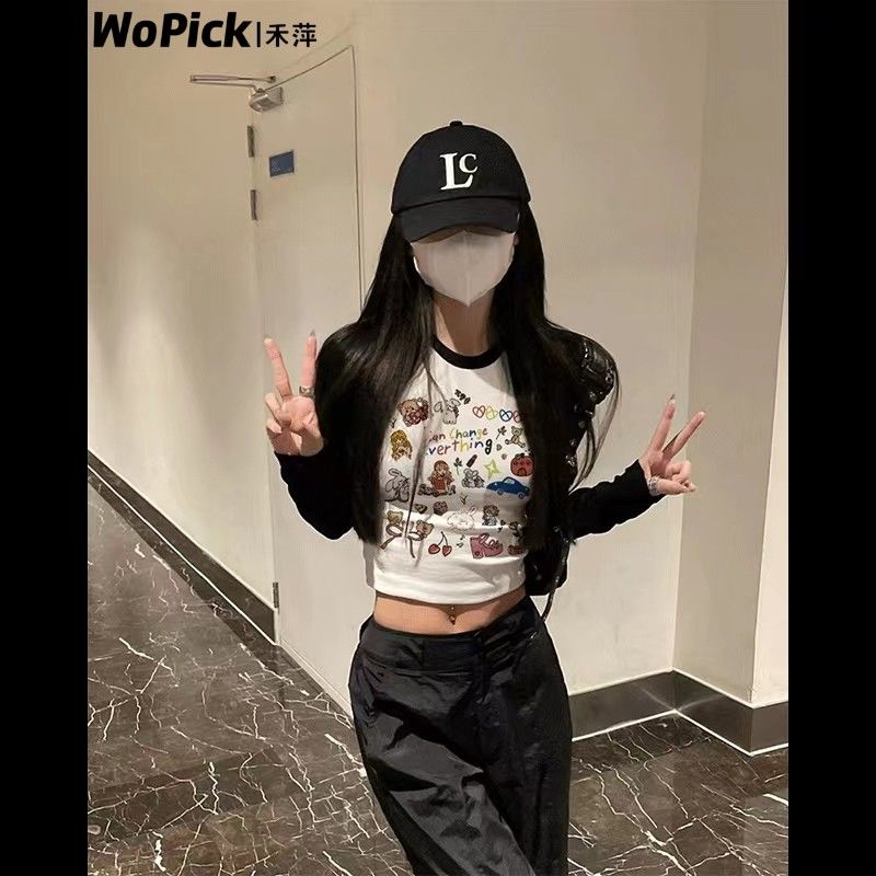 純欲風正肩修身長袖t恤女款美式復古潮牌小眾短款內搭打底衫上衣
