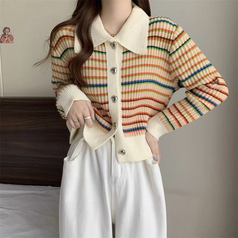 Autumn and winter knitted tops for women in spring and autumn  new sweaters for women design rainbow striped short coat cardigans