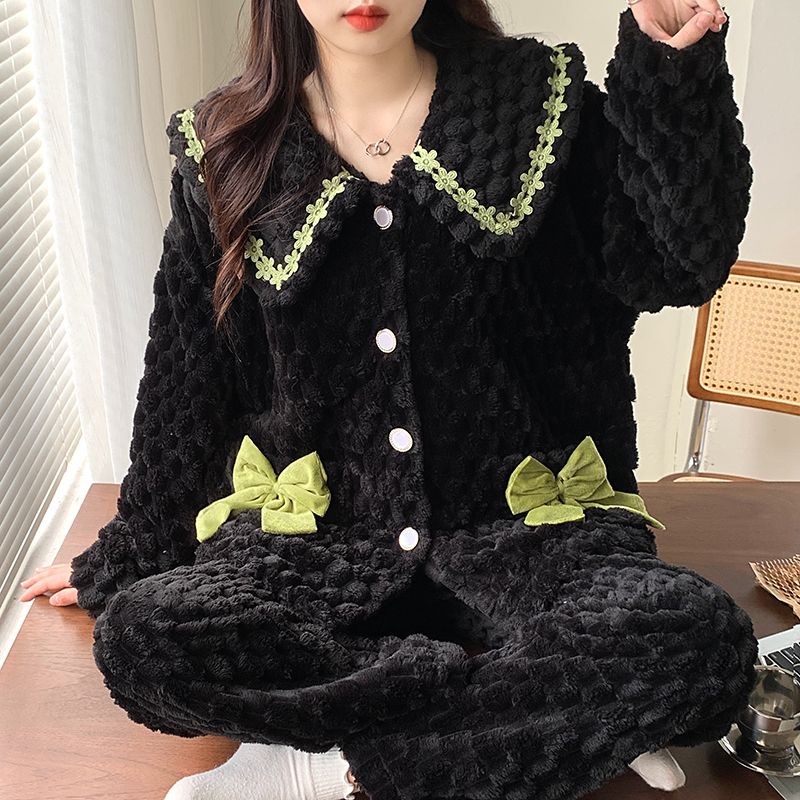 珊瑚絨睡衣女秋冬季加厚保暖法蘭絨可愛小香風蝴蝶結居家服套裝冬
