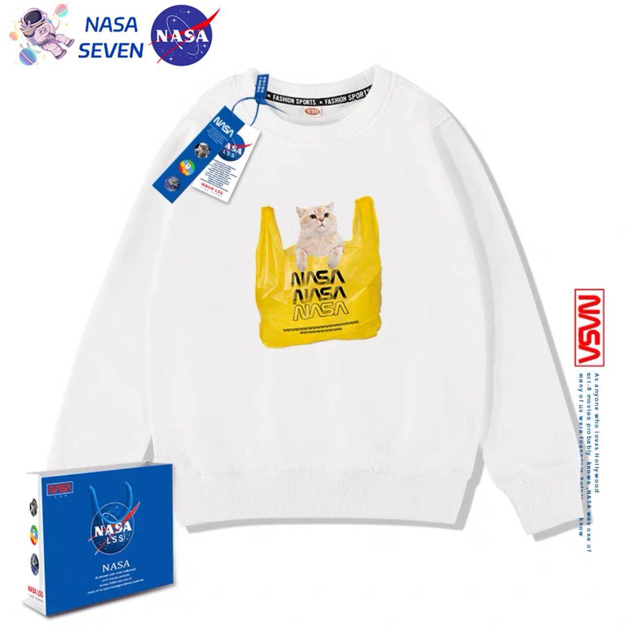 NASA卡通趣味貓咪印花衛衣男女童春秋裝韓系純棉長袖上衣中大童裝