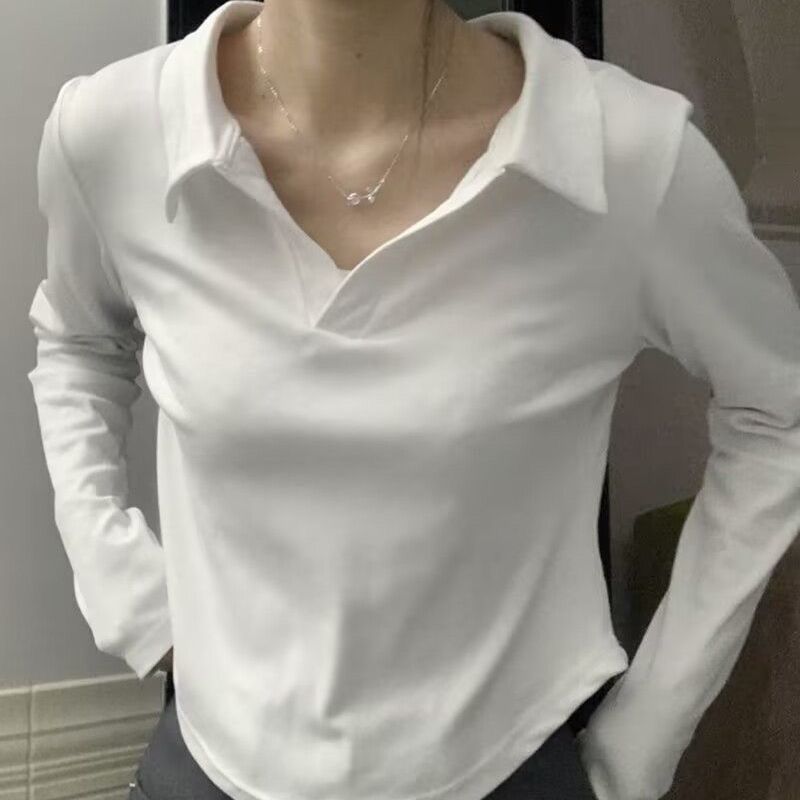 美式復古白色減齡長袖polo領t恤女秋季2023新款修身顯瘦短款上衣