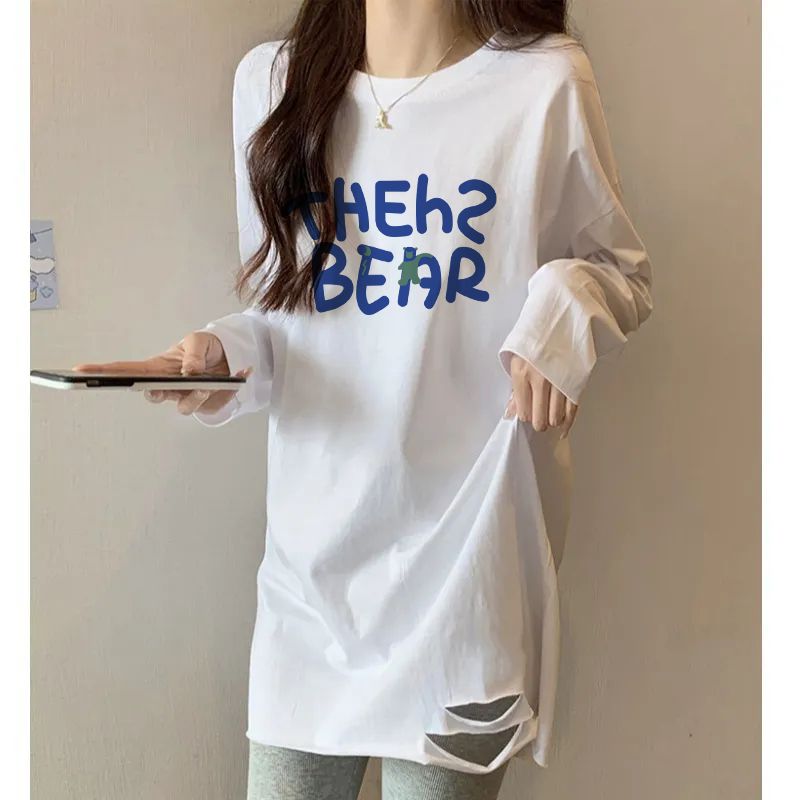 韓版ins高街下擺破洞純色打底衫潮牌寬鬆內搭疊穿長袖T恤女潮流