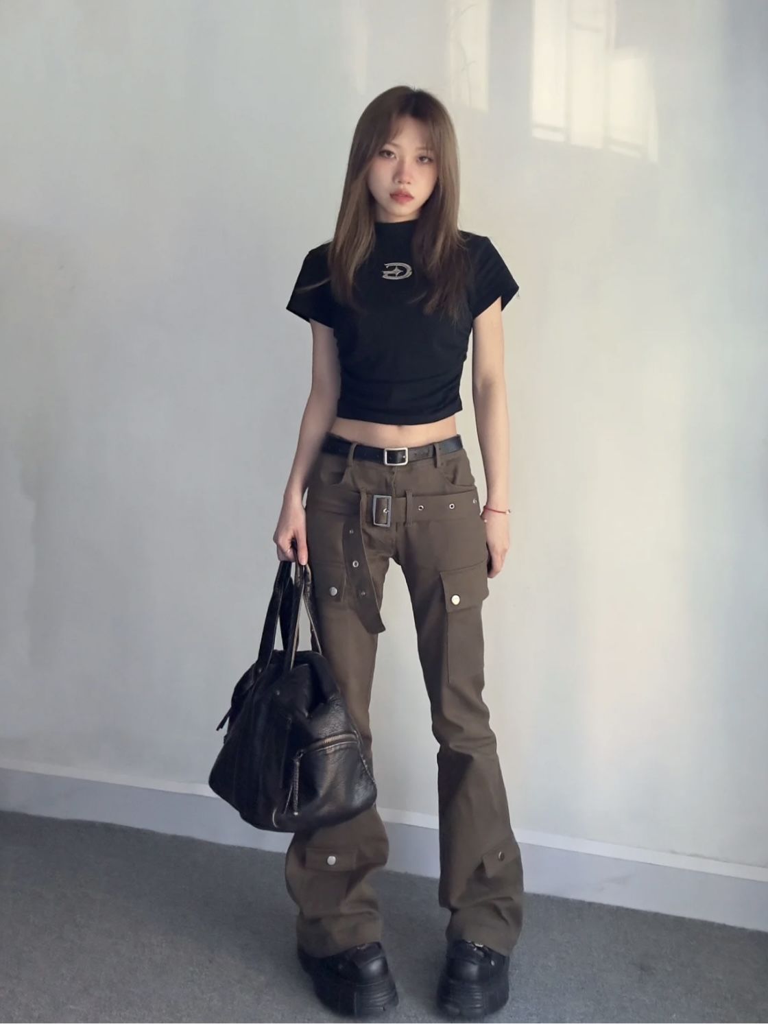 咖色工裝褲雙腰帶設計感百搭休閒褲顯瘦秋季小眾修身微喇叭褲子