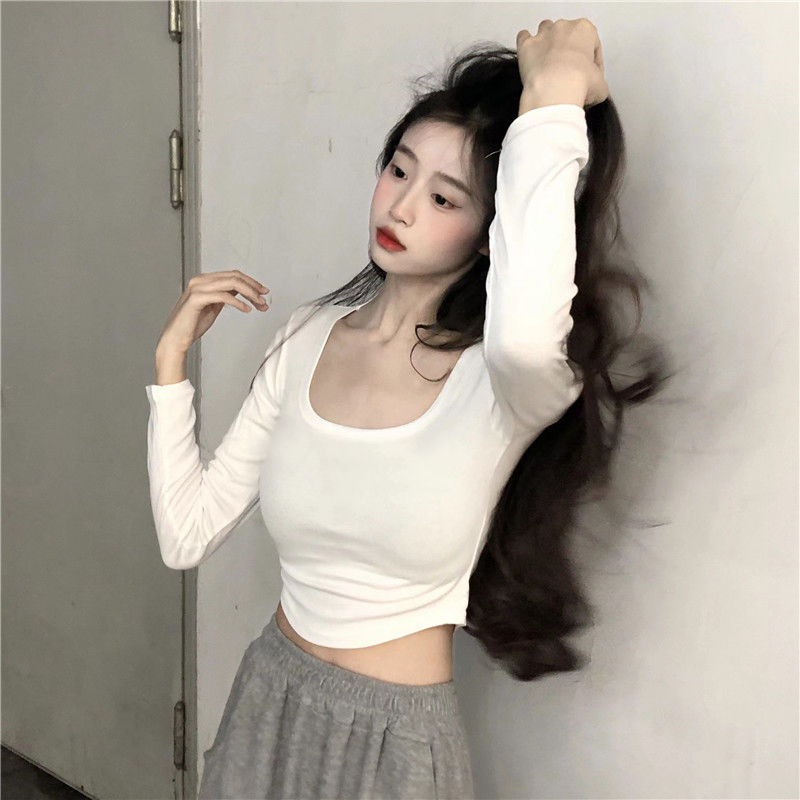 2023秋季新款氣質辣妹純色長袖T恤女韓版修身顯瘦短款正肩上衣