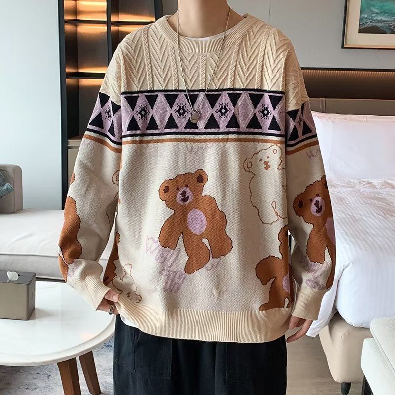 奶杏色vintage可愛小熊套頭毛衣男女秋冬港味chic學生外穿針織衫