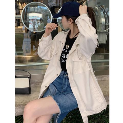 復古港風毛邊白色牛仔外套女春秋寬鬆設計感小眾休閒工裝夾克上衣