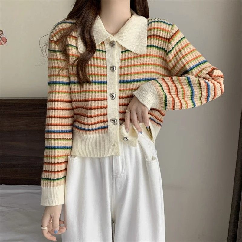 Autumn and winter knitted tops for women in spring and autumn  new sweaters for women design rainbow striped short coat cardigans