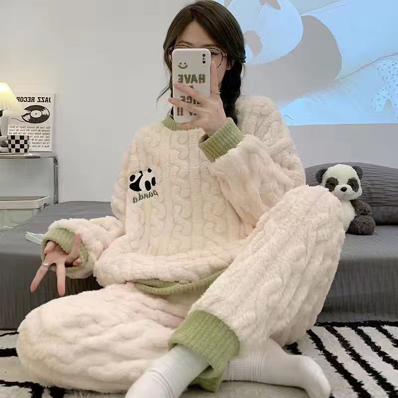 珊瑚絨睡衣女秋冬季加厚保暖學生可愛大碼寬鬆長袖休閒家居服套裝