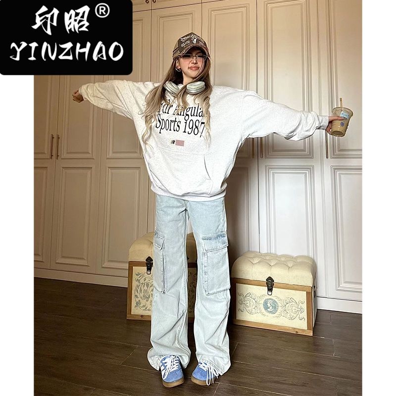 【印昭YINZHAO】工裝牛仔褲高街直筒褲女寬鬆高腰顯瘦闊腿長褲子