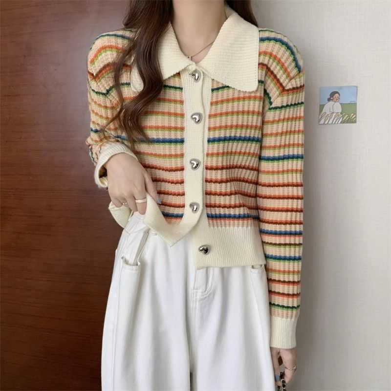 Autumn and winter knitted tops for women in spring and autumn  new sweaters for women design rainbow striped short coat cardigans