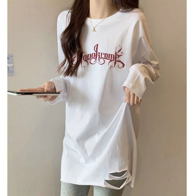 破洞t恤女長袖春秋季港風潮牌純色衣服ins潮流高街寬鬆內搭打底衫