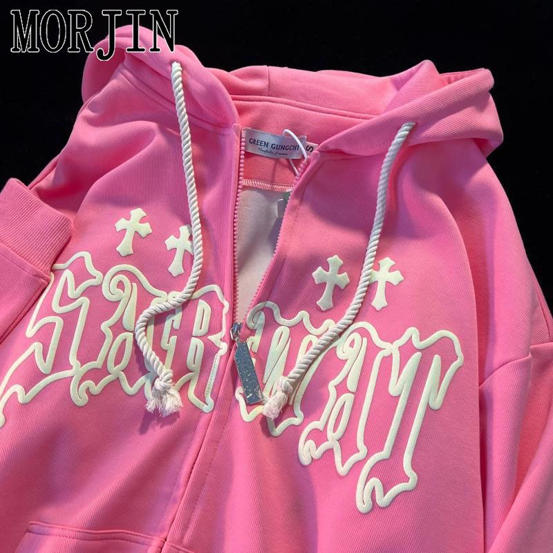 MORJIN美式復古發泡字母長袖連帽衛衣女甜酷風寬鬆oversize上衣服