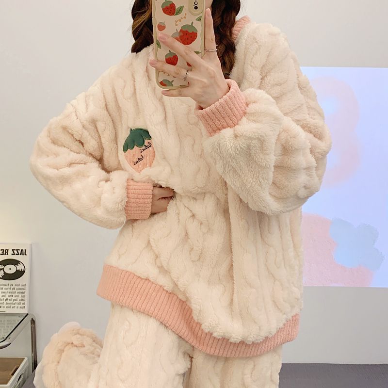 冬季睡衣女珊瑚絨長袖加絨加厚圓領秋冬款學生可外穿家居服套裝