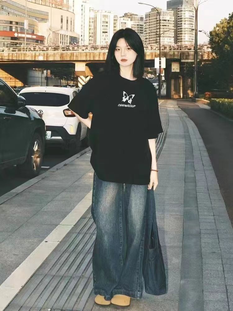 100%純棉美式復古蝴蝶印花短袖t恤女夏季潮牌情侶寬鬆顯瘦上衣潮