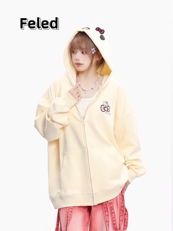 Feila Denton Cute Cartoon Hello Kitty Cardigan Zipper Hooded Sweatshirt Men and Women Autumn Coat Loose Slim Top