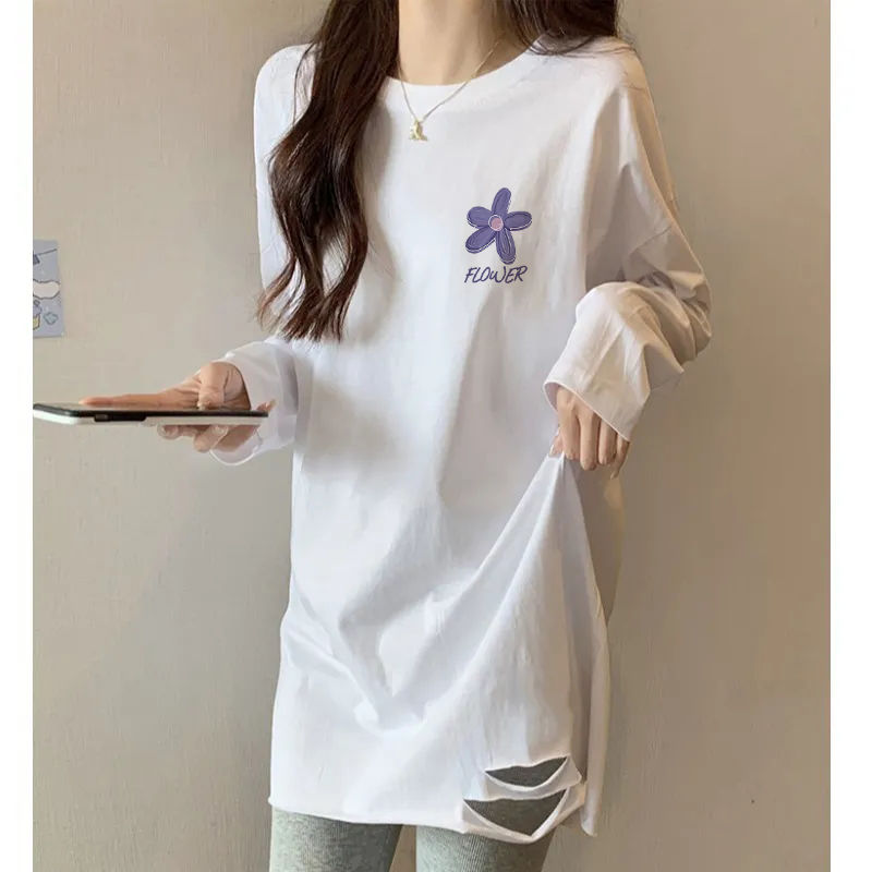 高級感破洞長袖t恤女春秋寬鬆韓版ins設計感小眾oversize打底上衣