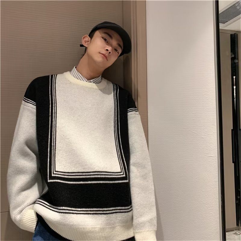 慵懶風情侶毛衣潮流ins秋季日系拼色針織衫男款寬鬆痞帥外穿線衣