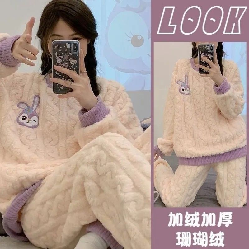 珊瑚絨睡衣女士2023新款秋冬季加絨加厚保暖冬天法蘭絨家居服套裝