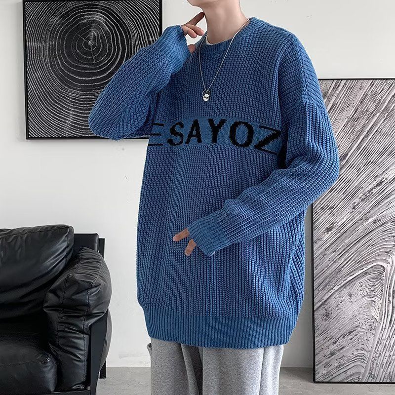 Autumn and winter new Korean ins male students retro letter jacquard round neck couple wear pullover sweater for men and women trendy