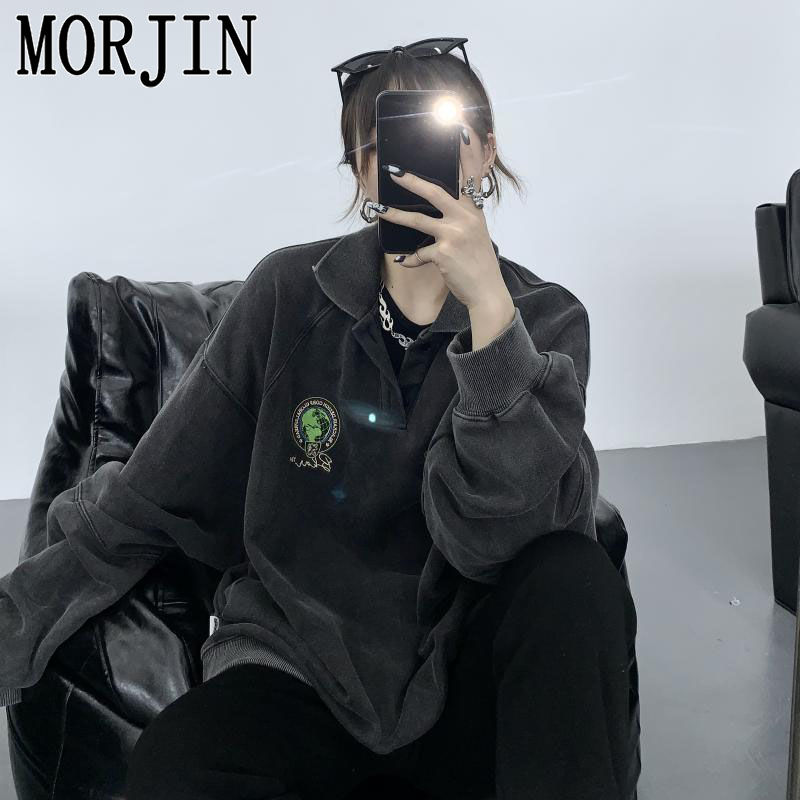 MORJIN美式潮牌ins水洗做舊polo領長袖衛衣女寬鬆韓版慵懶風上衣
