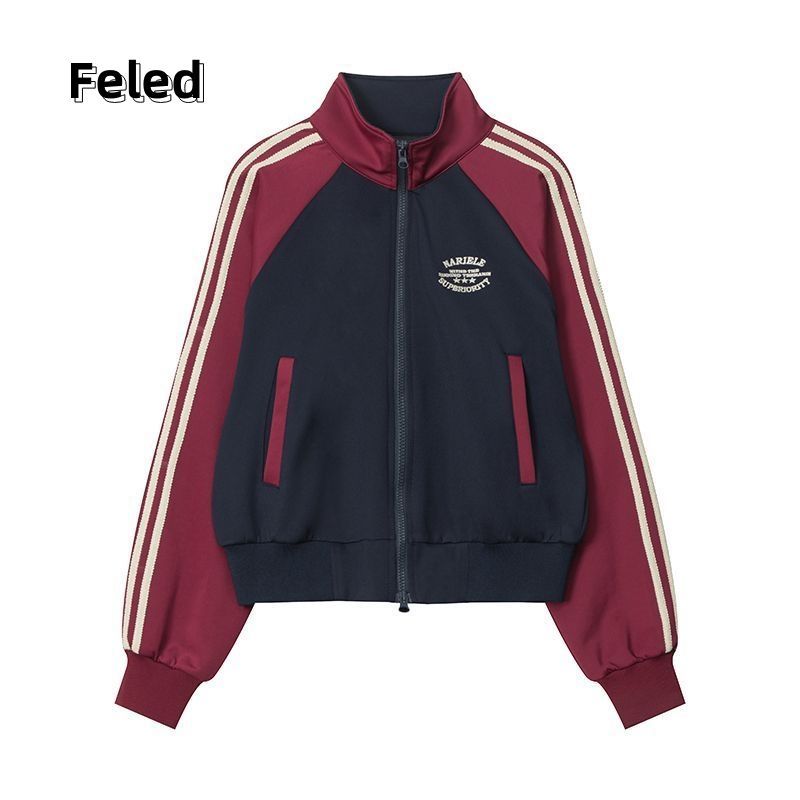 Feila Denton American college style stand collar sweatshirt jacket for men and women autumn retro niche splicing short top