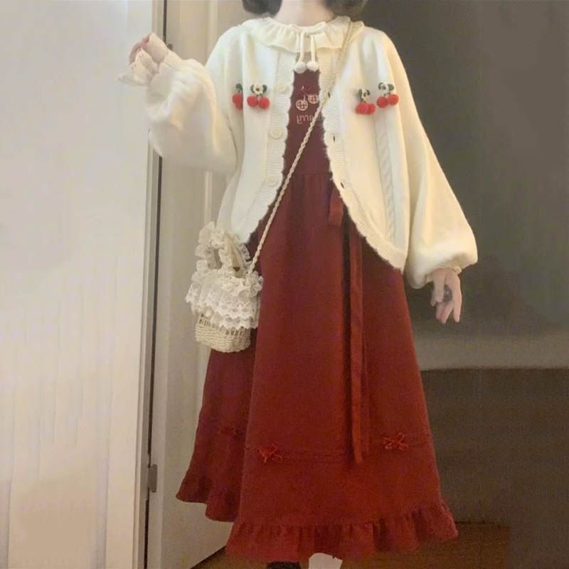 早秋穿搭一整套女奶系櫻桃針織短外套紅色蝴蝶結背帶裙娃娃領襯衫