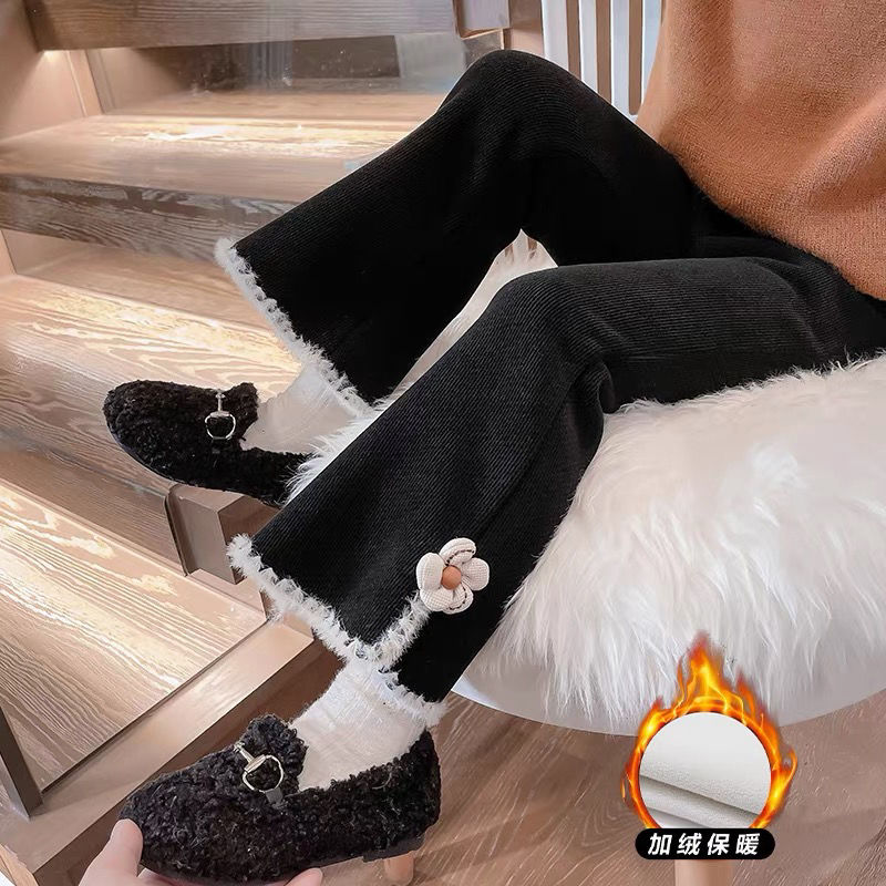Girls' velvet pants 2023 new autumn and winter style children's clothing baby winter Internet celebrity one-piece velvet bell-bottom pants