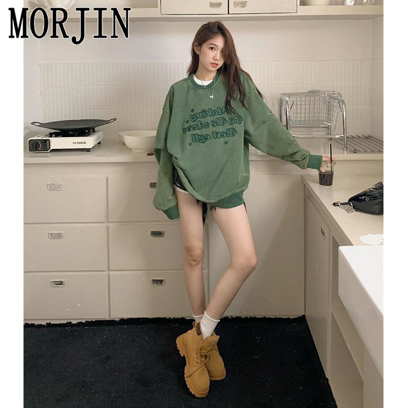 MORJIN水洗做舊刺繡字母圓領衛衣女春秋設計感小眾寬鬆休閒上衣服