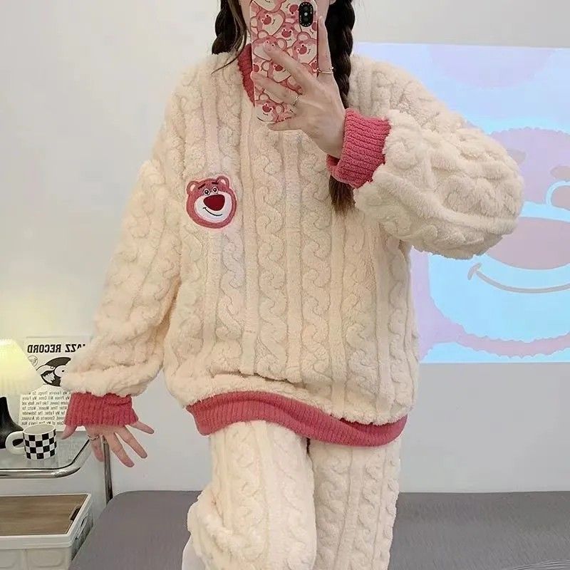 睡衣女冬季加絨加厚珊瑚絨秋冬可愛法蘭絨2023新款女士家居服套裝