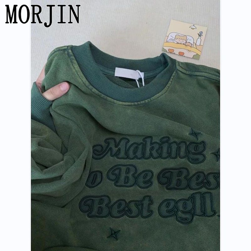 MORJIN秋裝女2023新款水洗做舊刺繡字母衛衣寬鬆休閒百搭長袖上衣