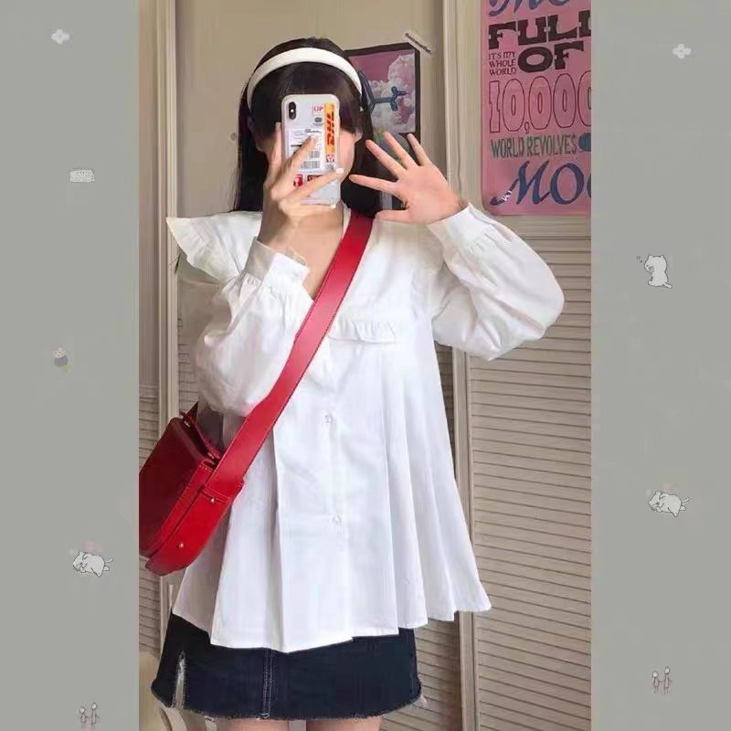 CONGRAZIO2023年新款復古娃娃領法式長袖襯衫女設計感白色上衣女