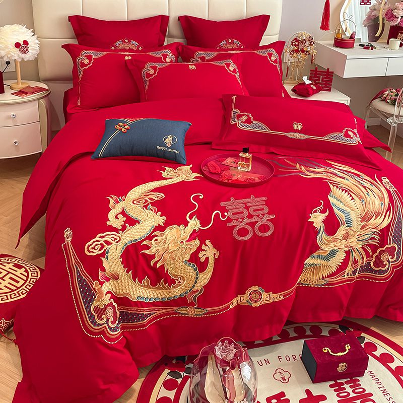结婚床单四件套婚床新婚龙凤刺绣被套大红色陪嫁喜被婚庆床上用品