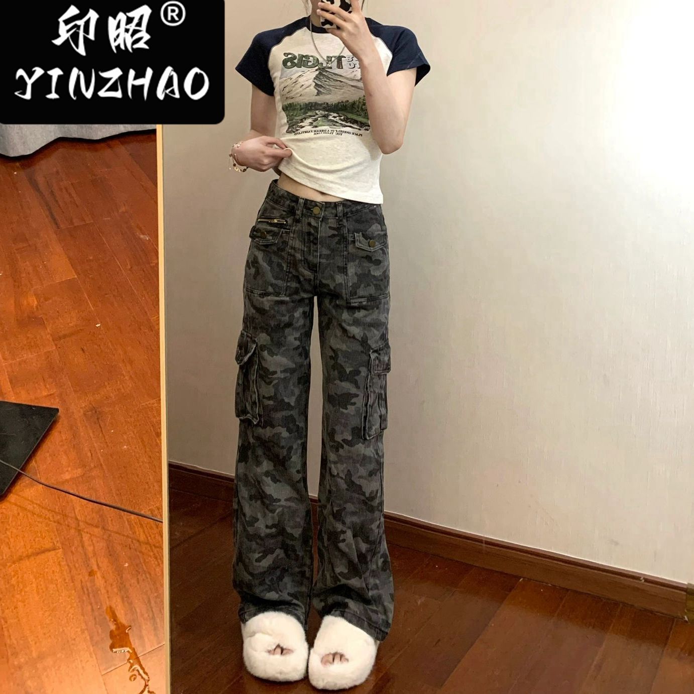 【印昭YINZHAO】復古迷彩牛仔褲女工裝褲寬鬆闊腿寬鬆高腰長褲女