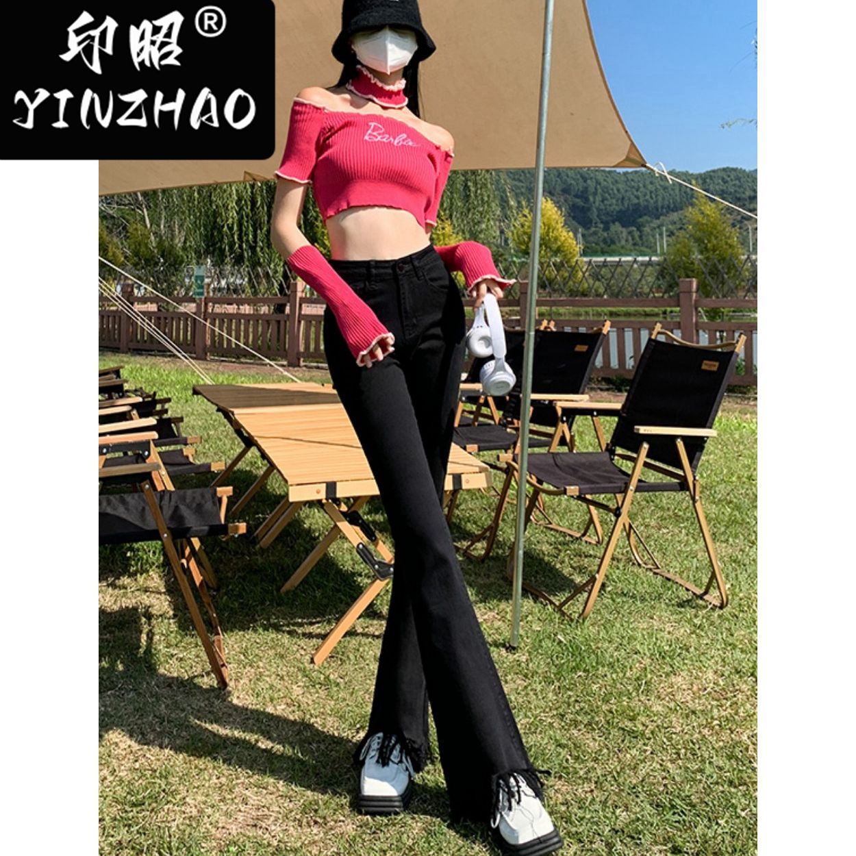 【印昭YINZHAO】2023春季新款毛邊高腰顯瘦修身百搭拖地喇叭褲子