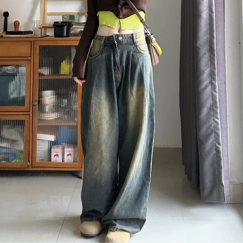 美式復古做舊褶皺闊腿牛仔褲女秋季小個子高腰顯瘦直筒拖地長褲潮