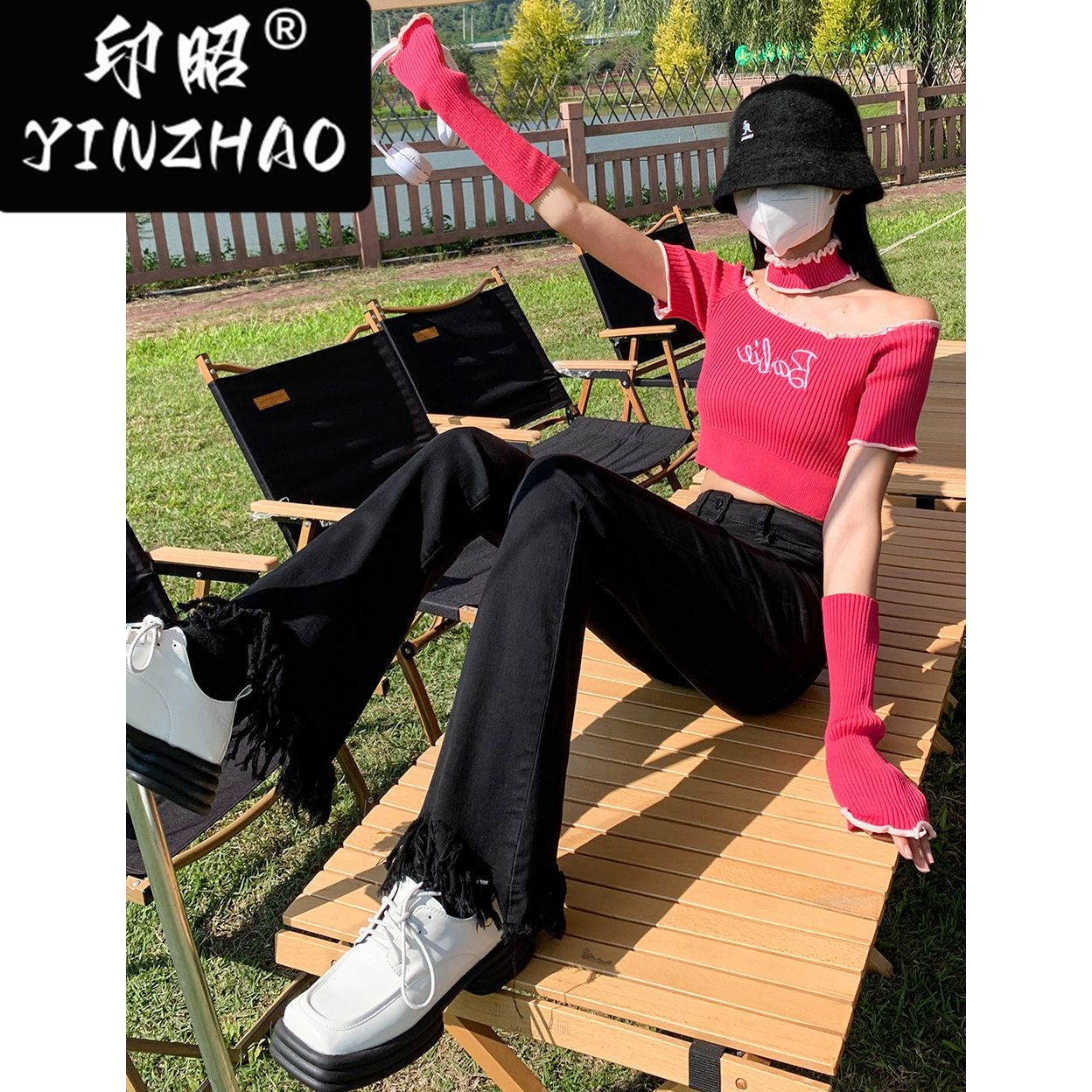 【印昭YINZHAO】黑色流蘇2023秋季新款毛邊高腰顯瘦微喇牛仔褲女