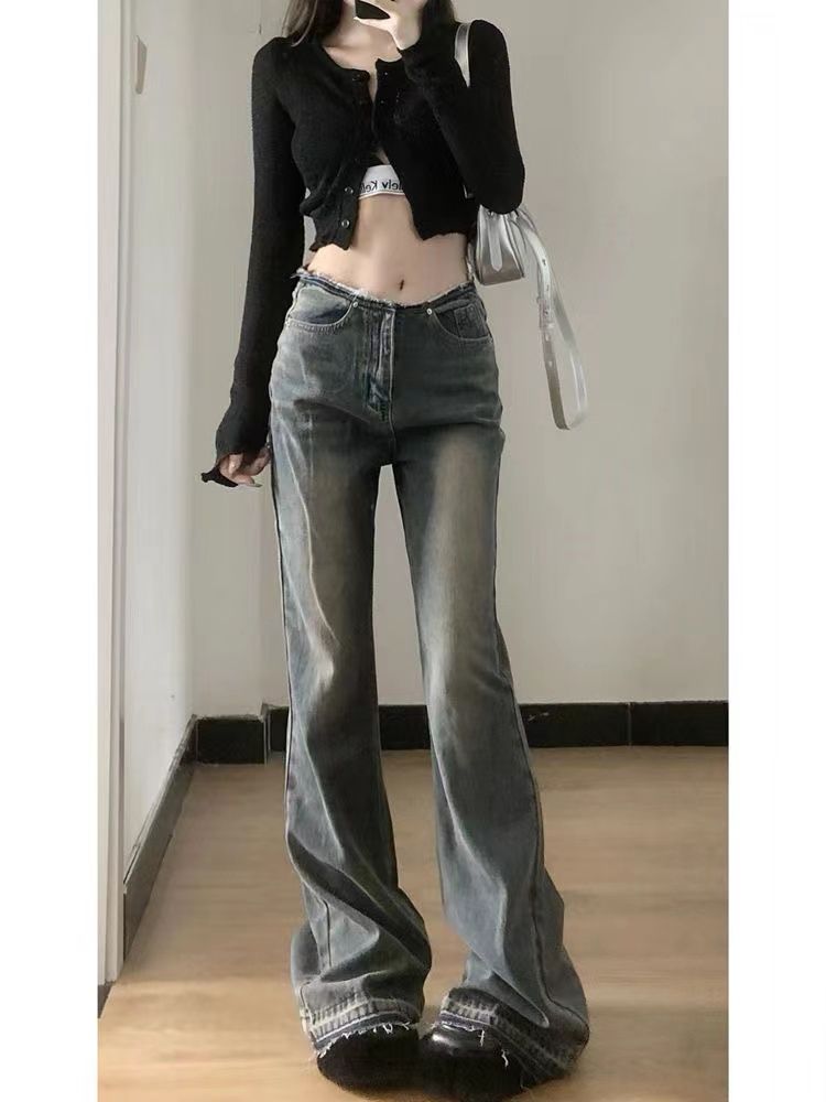 辣妹復古毛邊微喇叭褲牛仔褲女秋季新款美式高街低腰闊腿拖地褲子