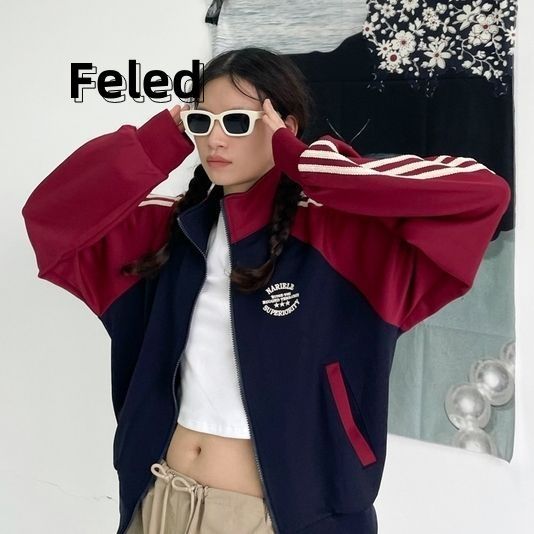 Feila Denton retro American college style contrasting sports sweatshirt jacket for men and women in autumn and winter loose fashionable tops