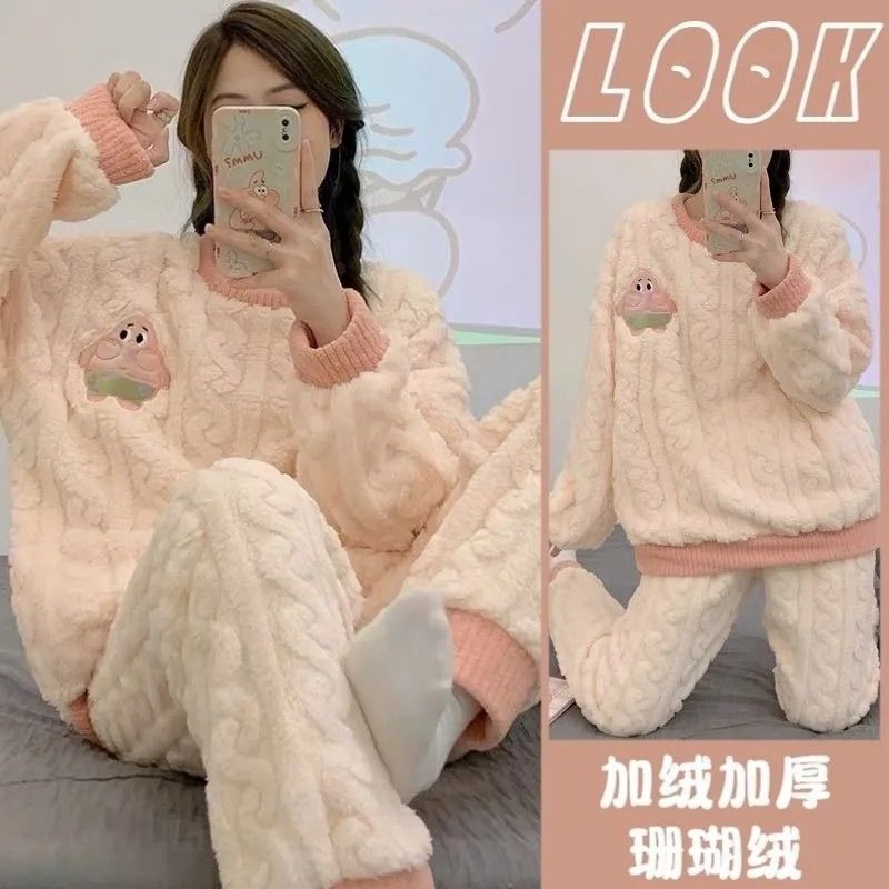 2023年新款秋冬季少女睡衣加絨加厚珊瑚絨法蘭絨可愛套裝家居服