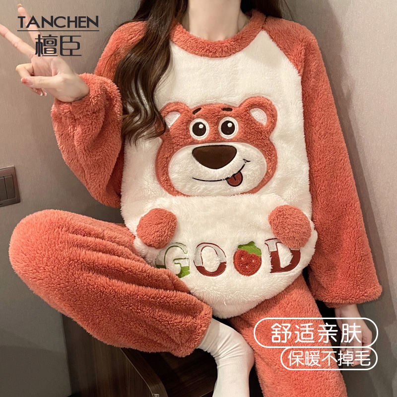 加厚珊瑚絨睡衣女秋冬季法蘭絨加絨卡通套裝可愛網紅草莓熊家居服